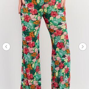 Dippin' Daisy's Women's Pink and Green Tropical Floral Wide Leg Mesh Pants SZ L